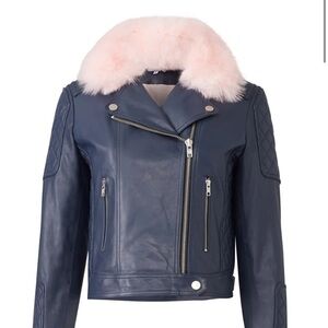 Samantha Sipos Blue Leather Sky Rose Faux Fur Trim Jacket size small